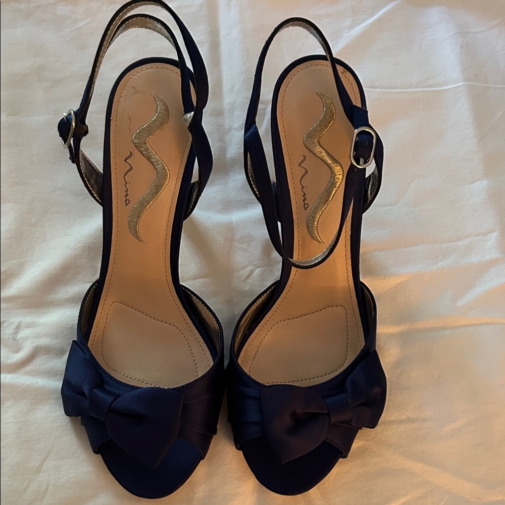 Nina Navy Satin Bow Slingback Heels